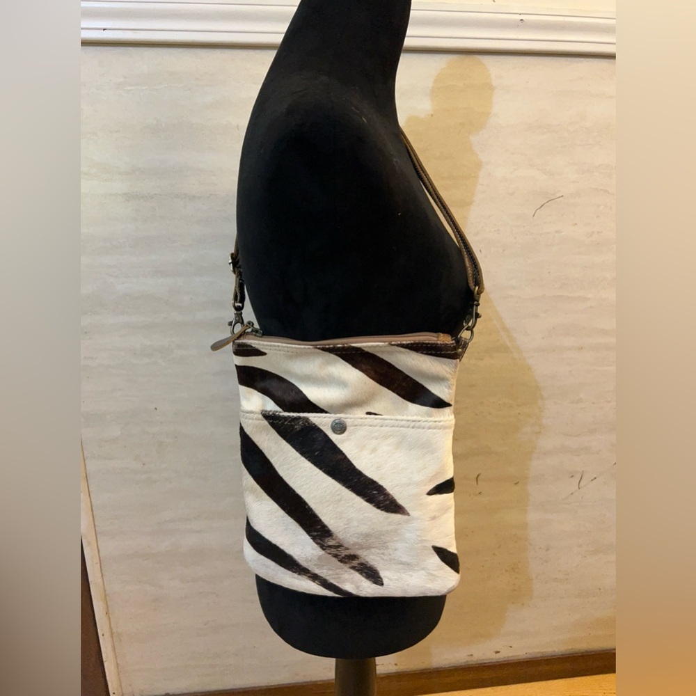 Myra Jungle Jim Zebra Striped Leather Crossbody
Purse.